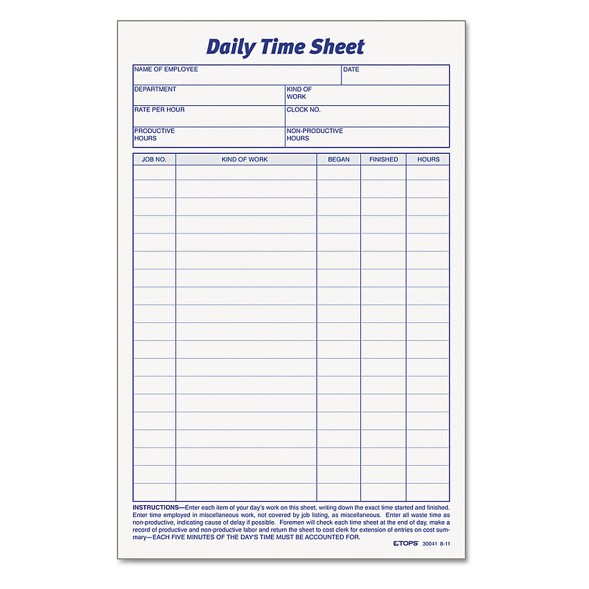TOPS Daily Time and Job Sheets, One-Part (No Copies), 8.5 x 5.5, 200 Forms/Pad, 2 Pads/Pack (30041)
