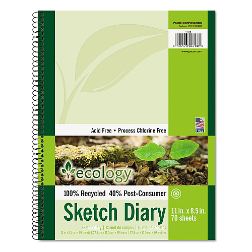 Pacon Ecology Sketch Diary, 60 lb Text Paper Stock, Green Cover, (70) 11 x 8.5 Sheets (4798)