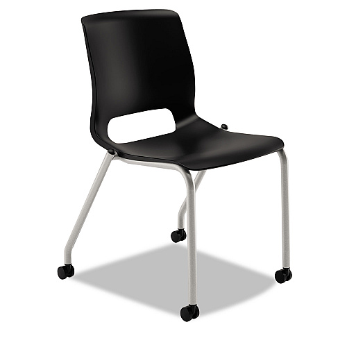 HON Motivate Four-Leg Stacking Chair, Supports 300 lb, 18.25" Seat Height, Onyx Fabric Seat, Black Back, Platinum Base, 2/Carton (MG201CU10)