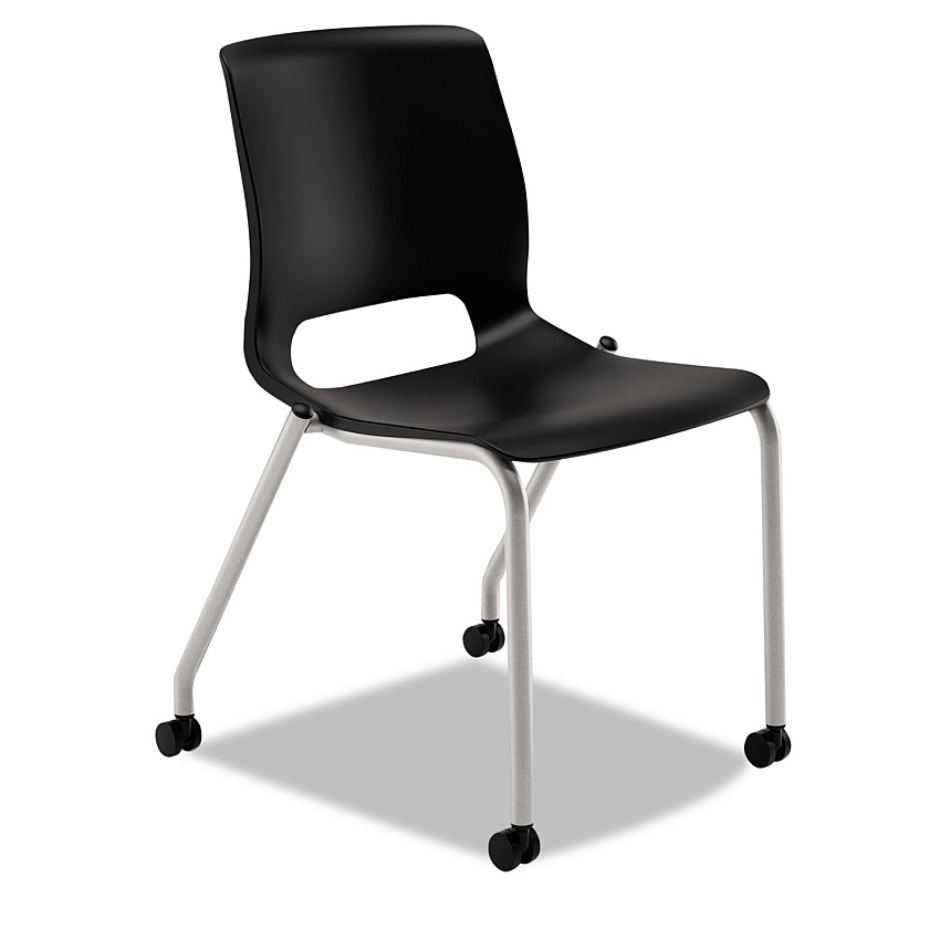 HON Motivate Four-Leg Stacking Chair with Plastic Seat, Supports 300 lb, 17.75" Seat Height, Onyx Seat/Back, Platinum Base, 2/CT (MG101ON)