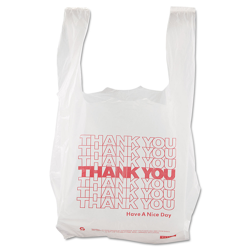Barnes Paper Company Thank You High-Density Shopping Bags, Have a Nice Day Labeling, Cut-Out Handles, 8" x 4" x 16", White/Red, 2,000/Carton (8416THYOU)