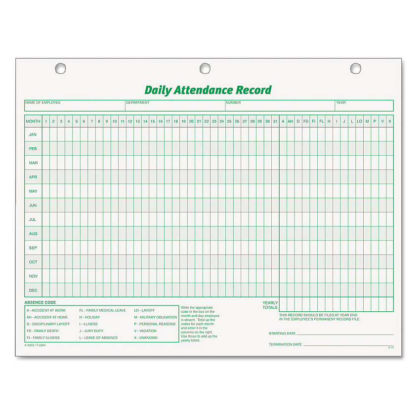 TOPS Daily Attendance Card, One-Part (No Copies), 11 x 8.5, 50 Forms Total (3284)