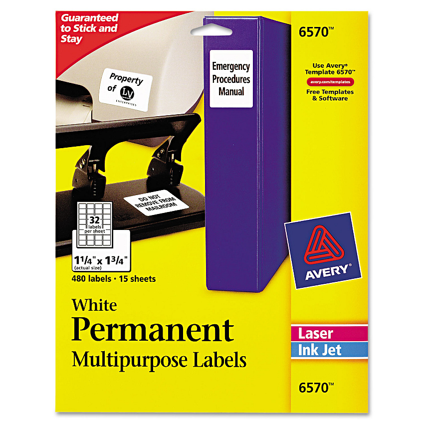 Avery 6570 Permanent Labels w/ Sure Feed, 1 1/4 x 1 3/4, White, 480/Pack