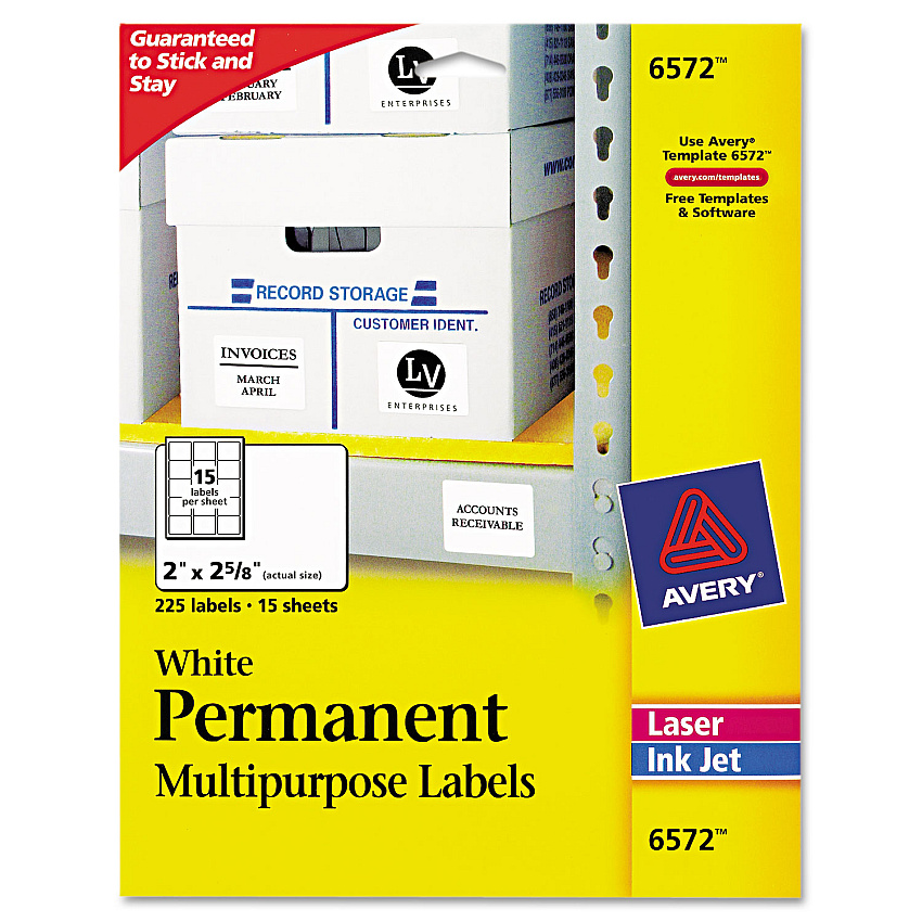 Avery Permanent ID Labels w/ Sure Feed Technology, Inkjet/Laser Printers, 2 x 2.63, White, 15/Sheet, 15 Sheets/Pack (6572)