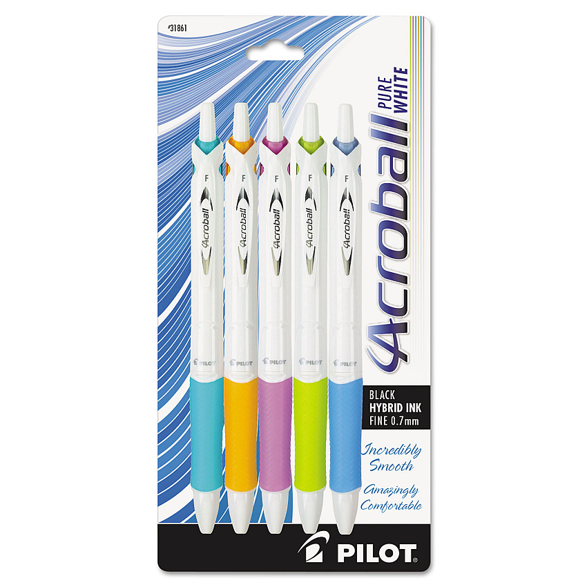 Pilot Acroball PureWhite Advanced Ink Hybrid Gel Pen, Retractable, Fine 0.7 mm, Black Ink, Assorted Barrel Colors, 5/Pack (31861)