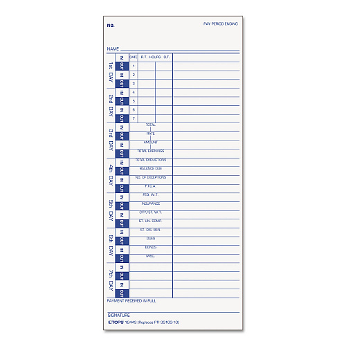 TOPS Time Clock Cards, Replacement for 35100-10, One Side, 4 x 9, 100/Pack (12443)