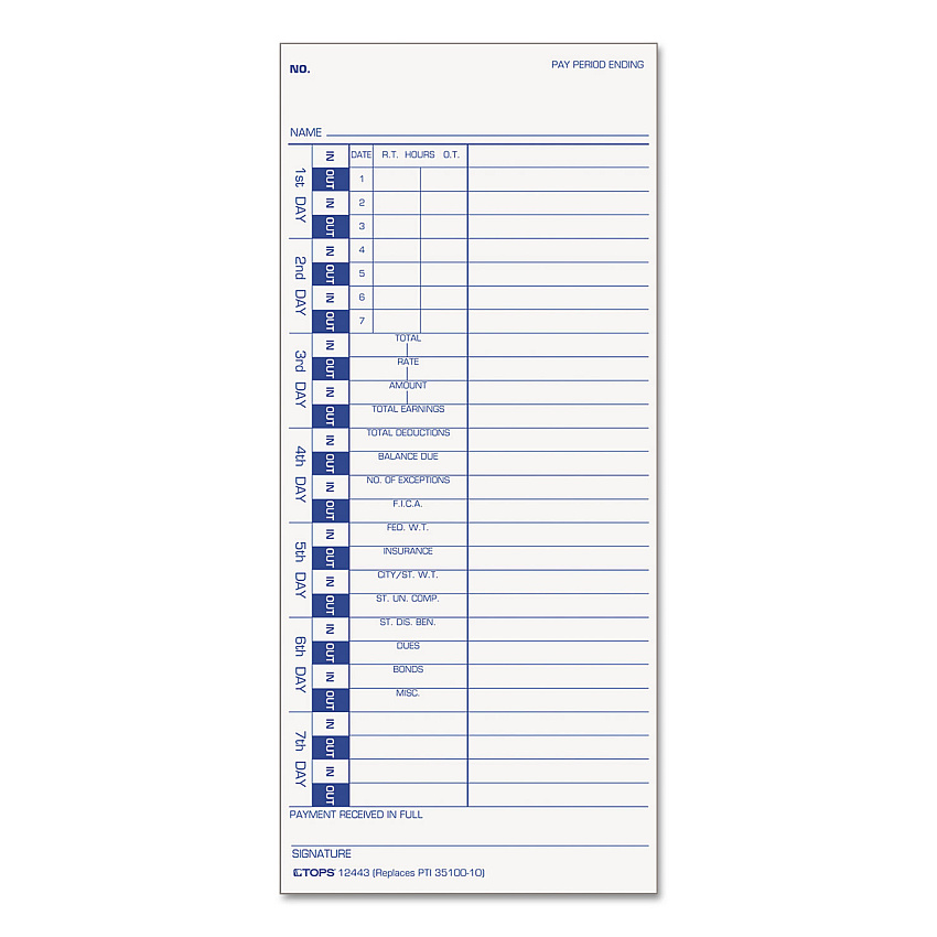 TOPS Time Clock Cards, Replacement for 35100-10, One Side, 4 x 9, 100/Pack (12443)