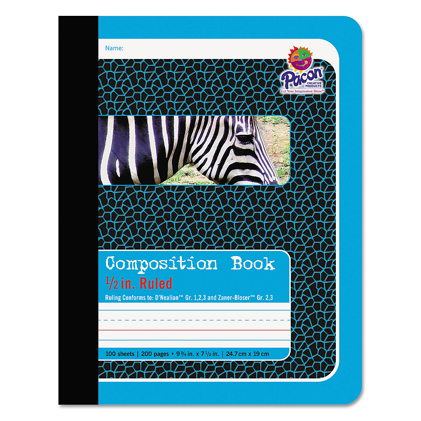 Pacon Composition Book, D'Nealian 1-3, Zaner-Bloser 2-3, Illustration Boxes/College Rule, Blue Cover, (100) 9.75 x 7.5 Sheets (2425)