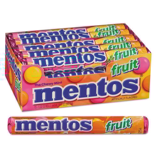 Mentos Chewy Mints, 1.32 oz, Mixed Fruit, 15 Rolls/Box (4181