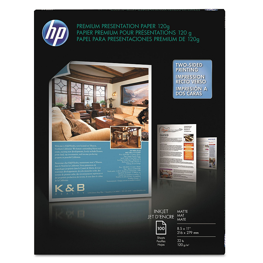 HP Premium Inkjet Matte Presentation Paper, 98 Bright, 32lb, 8.5 x 11, White, 100/Pack (D0Z55A)
