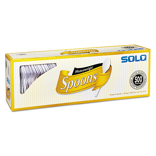 SOLO Heavyweight Plastic Cutlery, Spoons, White, 6", 500/Carton (827272)
