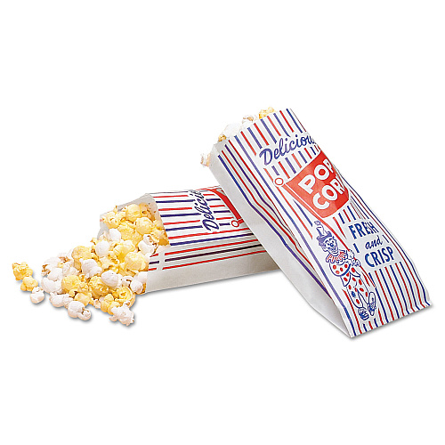 Bagcraft Pinch-Bottom Paper Popcorn Bag, Delicious Popcorn: Circus Clown Icon Labeling, 4" x 1.5" x 8", Red/White/Blue, 1,000/Carton (300471)
