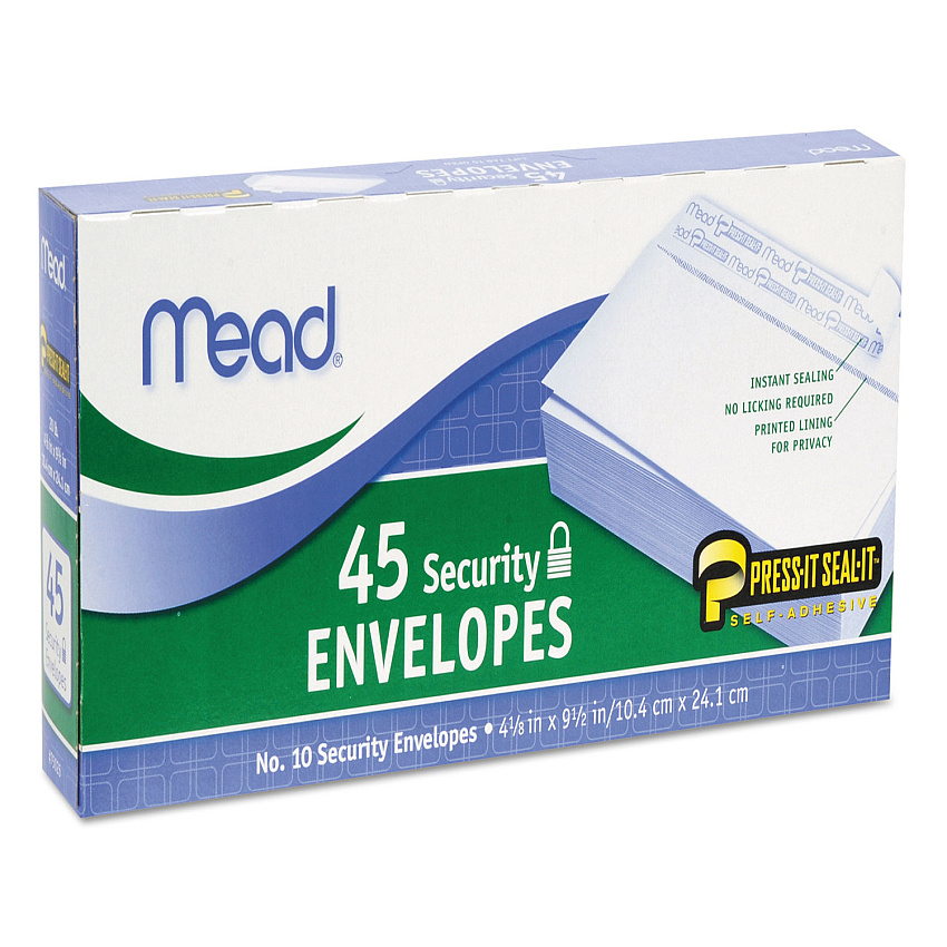 Mead Press-it Seal-it Self-Adhesive Security Envelope, #10, Monarch Flap, Self-Adhesive Closure, 4.25 x 9.13, White, 45/Box (75026)