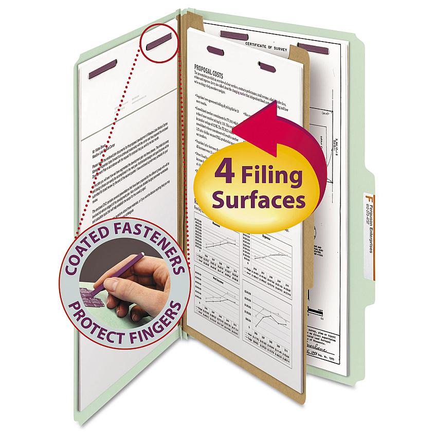 Smead Pressboard Classification Folders, Four SafeSHIELD Fasteners, 2/5-Cut Tabs, 1 Divider, Legal Size, Gray-Green, 10/Box (18776)
