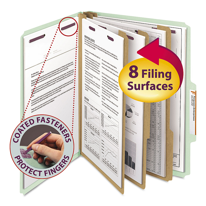 Smead Pressboard Classification Folders, Eight SafeSHIELD Fasteners, 2/5-Cut Tabs, 3 Dividers, Letter Size, Gray-Green, 10/Box (14091)