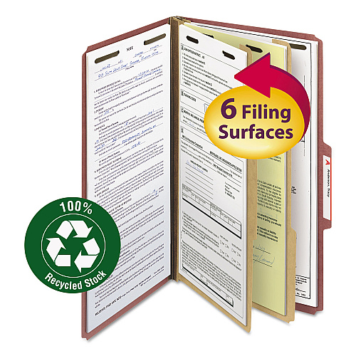 Smead Recycled Pressboard Classification Folders, 2" Expansion, 2 Dividers, 6 Fasteners, Legal Size, Red Exterior, 10/Box (19023)