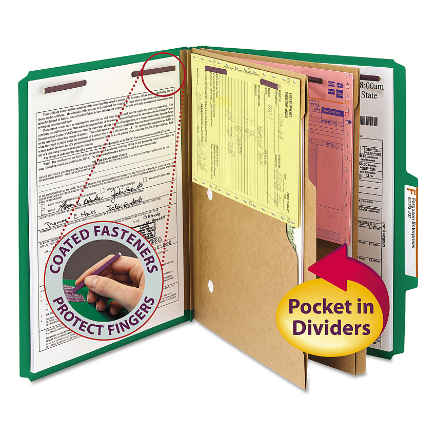 Smead 6-Section Pressboard Top Tab Pocket Classification Folders, 6 SafeSHIELD Fasteners, 2 Dividers, Letter Size, Green, 10/Box (14083)