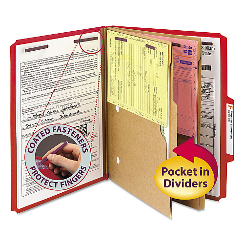 Smead 6-Section Pressboard Top Tab Pocket Classification Folders, 6 SafeSHIELD Fasteners, 2 Dividers, Letter Size, Bright Red,10/BX (14082)