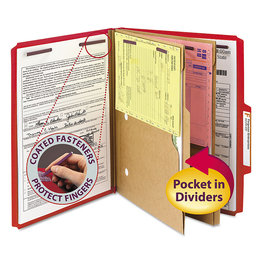 Smead 6-Section Pressboard Top Tab Pocket Classification Folders, 6 SafeSHIELD Fasteners, 2 Dividers, Letter Size, Bright Red,10/BX (14082)