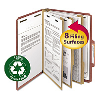Smead Recycled Pressboard Classification Folders, 3" Expansion, 3 Dividers, 8 Fasteners, Letter Size, Red Exterior, 10/Box (14099)