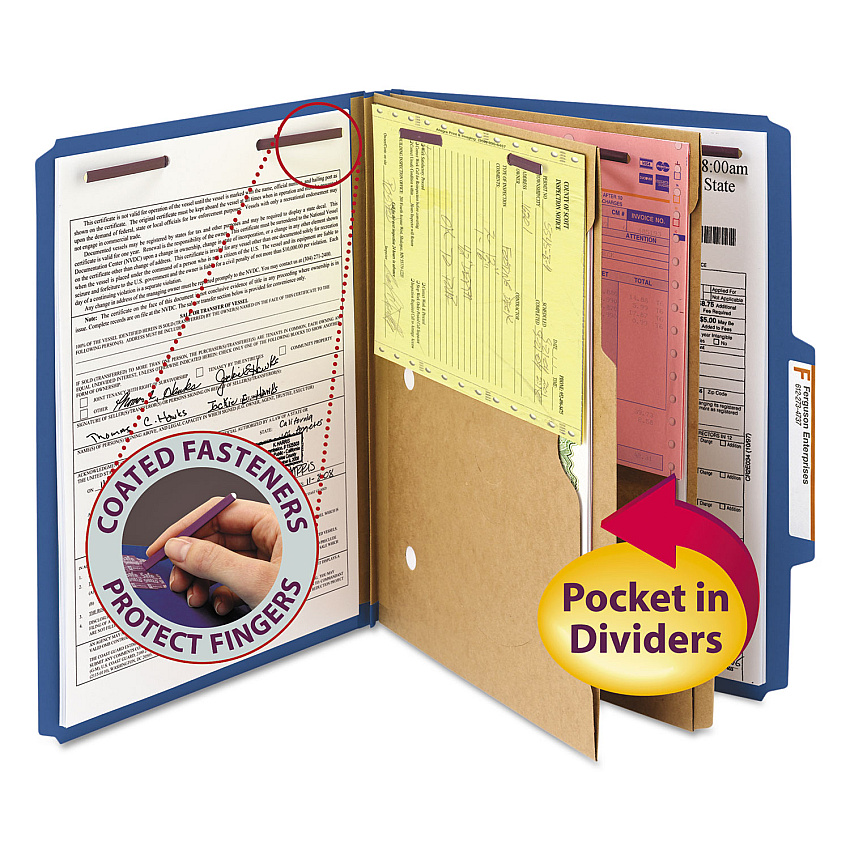 Smead 6-Section Pressboard Top Tab Pocket Classification Folders, 6 SafeSHIELD Fasteners, 2 Dividers, Letter Size, Dark Blue, 10/BX (14077)