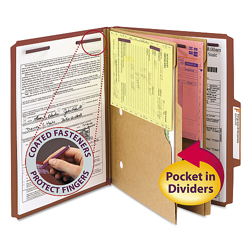 Smead 6-Section Pressboard Top Tab Pocket Classification Folders, 6 SafeSHIELD Fasteners, 2 Dividers, Letter Size, Red, 10/Box (14079)