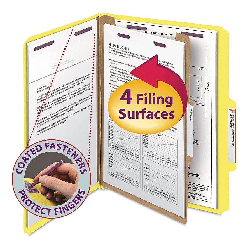 Smead Four-Section Pressboard Top Tab Classification Folders, Four SafeSHIELD Fasteners, 1 Divider, Letter Size, Yellow, 10/Box (13734)
