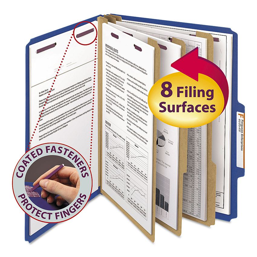 Smead Eight-Section Pressboard Top Tab Classification Folders, 8 SafeSHIELD Fasteners, 3 Dividers, Letter Size, Dark Blue, 10/Box (14096)