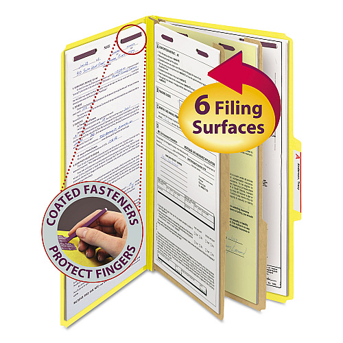 Smead Six-Section Pressboard Top Tab Classification Folders, Six SafeSHIELD Fasteners, 2 Dividers, Legal Size, Yellow, 10/Box (19034)