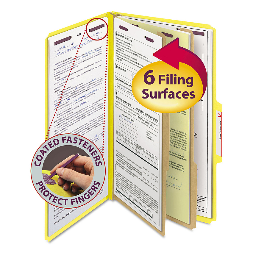 Smead Six-Section Pressboard Top Tab Classification Folders, Six SafeSHIELD Fasteners, 2 Dividers, Legal Size, Yellow, 10/Box (19034)