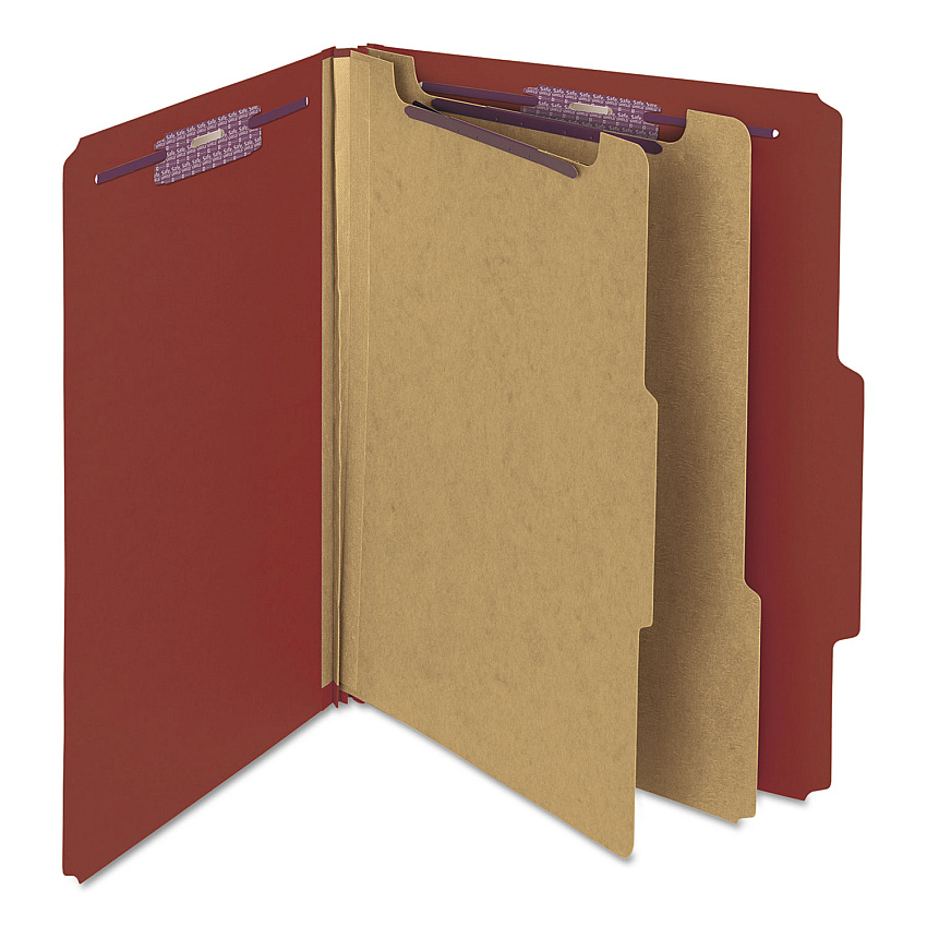 Smead Pressboard Classification Folders, Six SafeSHIELD Fasteners, 2/5-Cut Tabs, 2 Dividers, Letter Size, Red, 10/Box (14075)