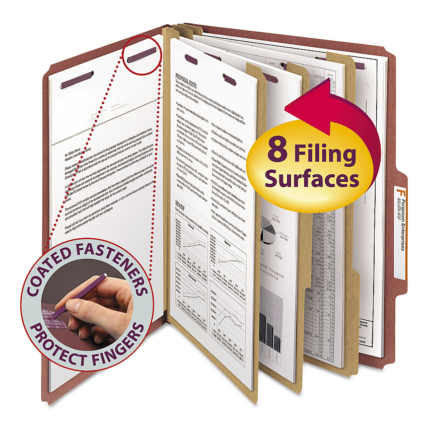 Smead Pressboard Classification Folders, Eight SafeSHIELD Fasteners, 2/5-Cut Tabs, 3 Dividers, Letter Size, Red, 10/Box (14092)