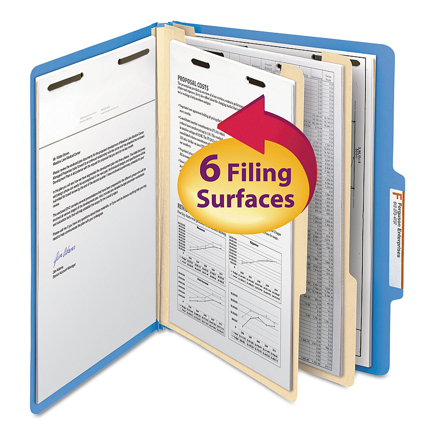 Smead Top Tab Classification Folders, Six SafeSHIELD Fasteners, 2" Expansion, 2 Dividers, Letter Size, Blue Exterior, 10/Box (14001)