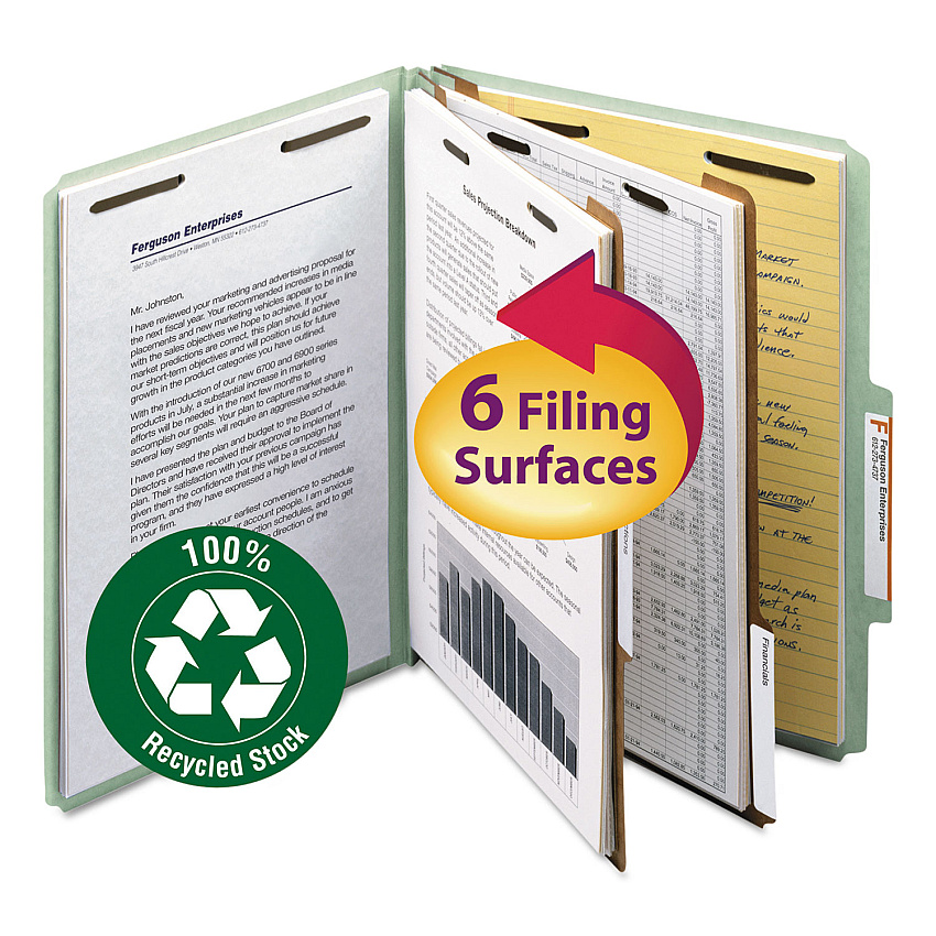 Smead Six-Section Pressboard Top Tab Classification Folders, Six SafeSHIELD Fasteners, 2 Dividers, Letter Size, Bright Red, 10/Box (14031)