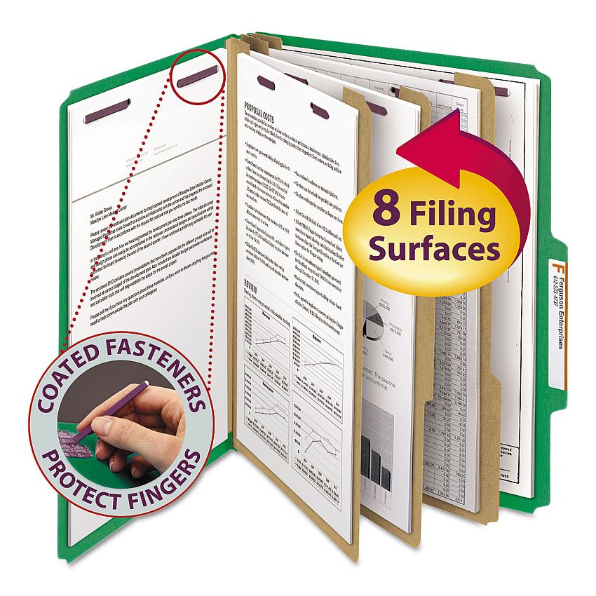 Smead Eight-Section Pressboard Top Tab Classification Folders, Eight SafeSHIELD Fasteners, 3 Dividers, Letter Size, Green, 10/Box (14097)