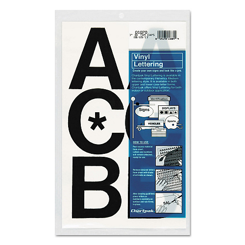 Chartpak Press-On Vinyl Uppercase Letters, Self Adhesive, Black, 3"h, 50/Pack (01070)
