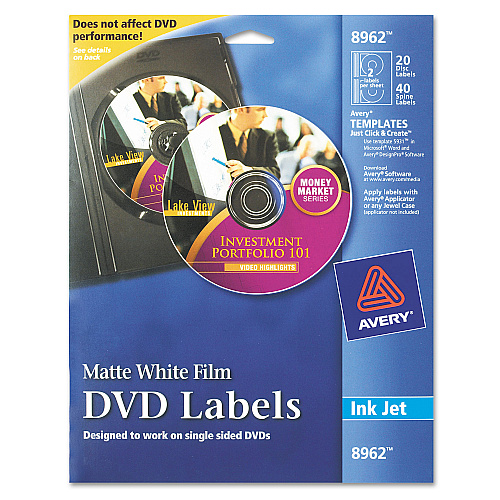 Avery Inkjet DVD Labels, Matte White, 20/Pack (8962)