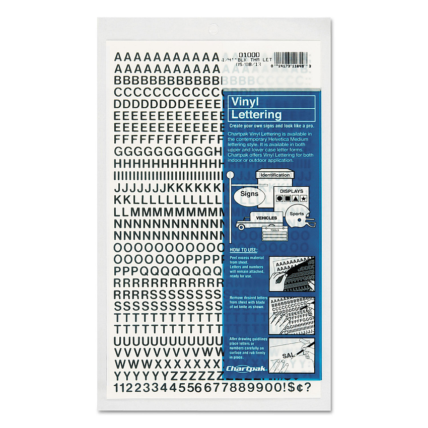 Chartpak Press-On Vinyl Letters and Numbers, Self Adhesive, Black, 0.25"h, 610/Pack (01000)