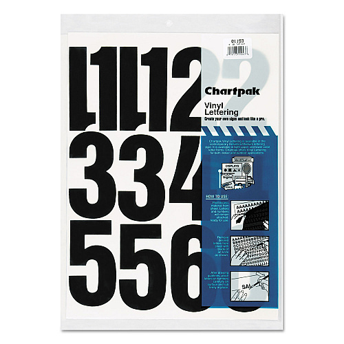 Chartpak Press-On Vinyl Numbers, Self Adhesive, Black, 4"h, 23/Pack (01193)