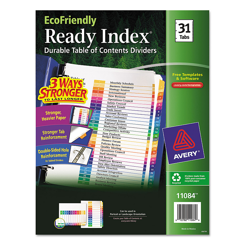 Avery Customizable Table of Contents Ready Index Dividers with Multicolor Tabs, 31-Tab, 1 to 31, 11 x 8.5, White, 1 Set (11084)