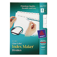 Avery Print and Apply Index Maker Clear Label Dividers with Label Strip/White Tabs, 7-Hole Punched, 8-Tab, 8.5 x 5.5, White, 1 Set (11427)