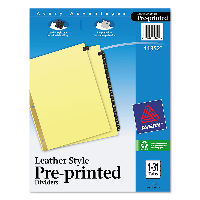 Avery Preprinted Black Leather Tab Dividers w/Gold Reinforced Edge, 31-Tab, 1 to 31, 11 x 8.5, Buff, 1 Set (11352)