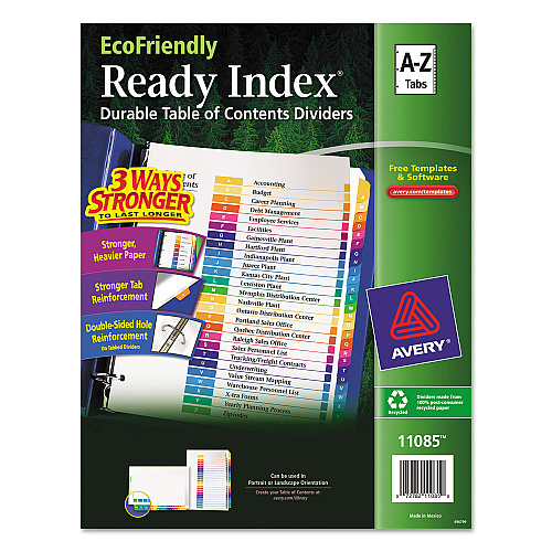 Avery Customizable Table of Contents Ready Index Dividers with Multicolor Tabs, 26-Tab, A to Z, 11 x 8.5, White, 1 Set (11085)