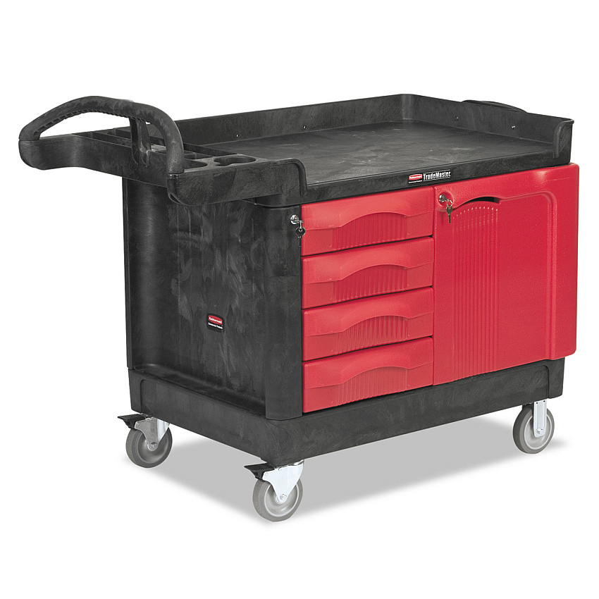 Rubbermaid Commercial TradeMaster Cart with One Door, Plastic, 3 Shelves, 4 Drawers, 750 lb Capacity, 26.25" x 49" x 38", Black (453388BLA)