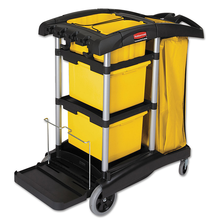 Rubbermaid HYGEN Microfiber Healthcare Cleaning Cart, Plastic, 3 Shelves, 5 Bins, 22" x 48.25" x 44", Yellow/Black/Silver (9T73)