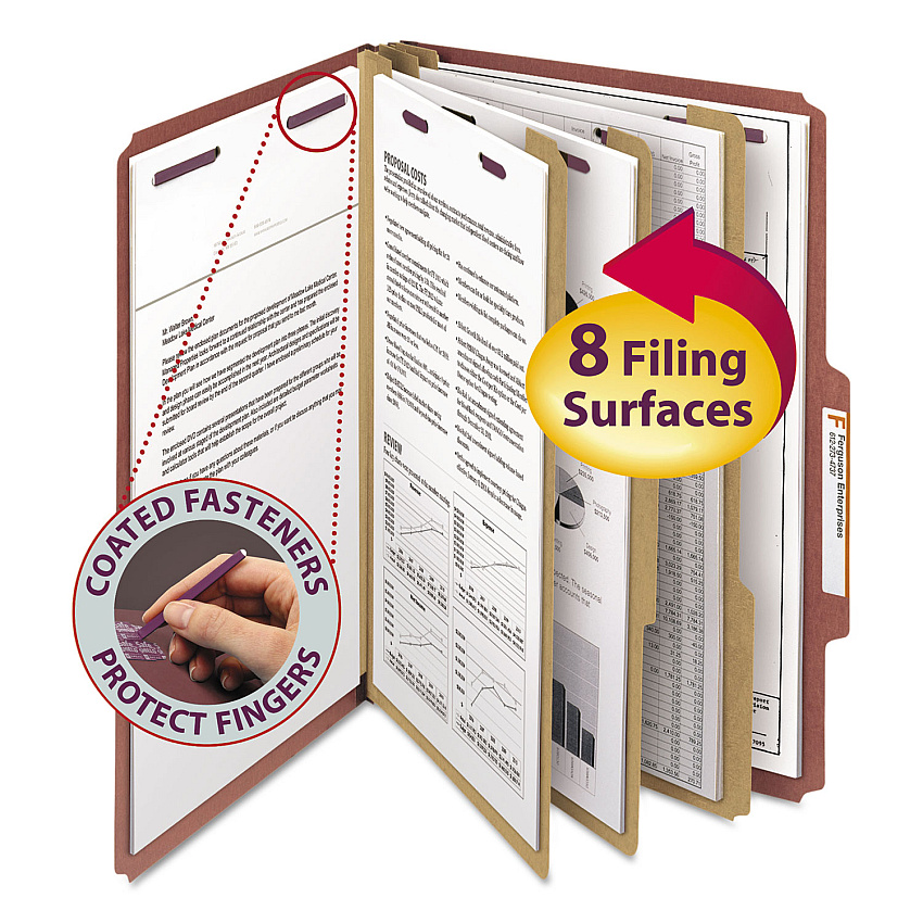 Smead Pressboard Classification Folders, Eight SafeSHIELD Fasteners, 2/5-Cut Tabs, 3 Dividers, Legal Size, Red, 10/Box (19092)