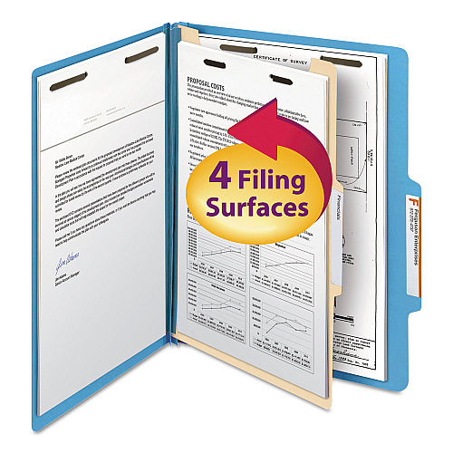 Smead Top Tab Classification Folders, Four SafeSHIELD Fasteners, 2" Expansion, 1 Divider, Letter Size, Blue Exterior, 10/Box (13701)
