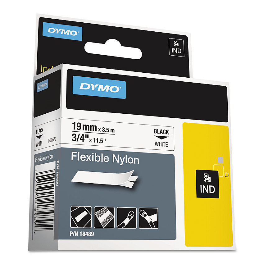 DYMO Rhino Flexible Nylon Industrial Label Tape, 0.75" x 11.5 ft, White/Black Print (18489)