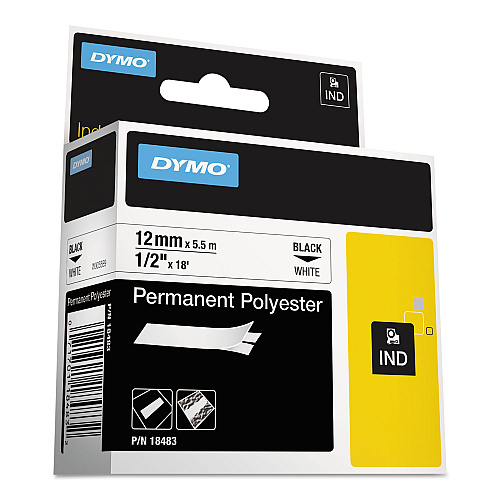 DYMO Rhino Permanent Poly Industrial Label Tape, 0.5" x 18 ft, White/Black Print (18483)