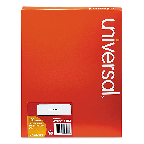 Universal White Labels, Inkjet/Laser Printers, 1.33 x 4, White, 14/Sheet, 100 Sheets/Box (UNV80106)